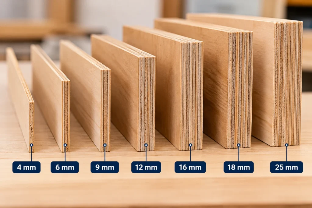 Comparison of plywood sheets in 4 mm, 6 mm, 9 mm, 12 mm, 16 mm, 18 mm, and 25 mm thicknesses.