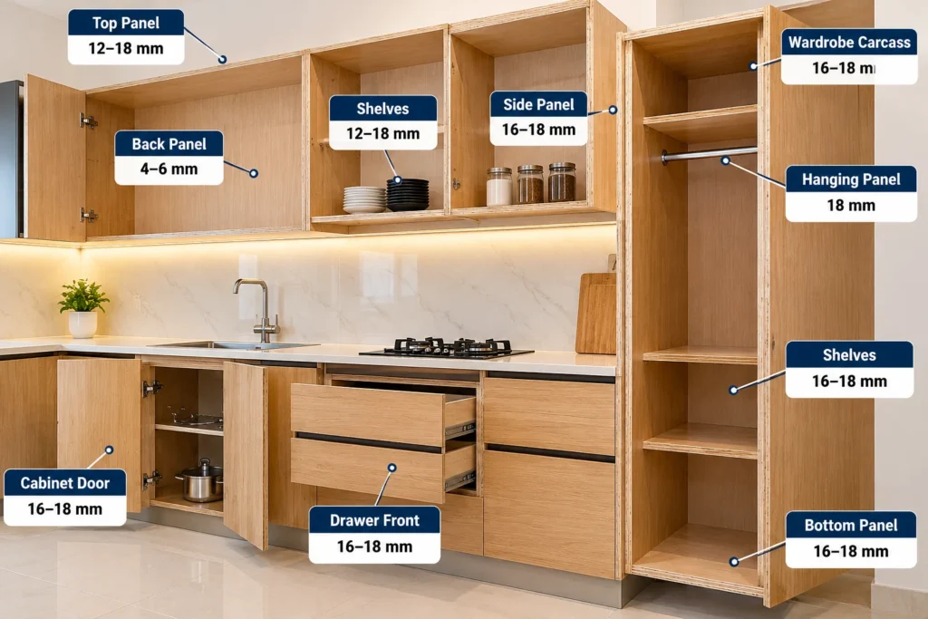 Modern modular kitchen showing plywood cabinet doors, shelves, back panels, and carcass components.