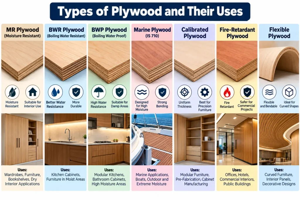 Types of Plywood and Their Uses Types of plywood and their uses, including MR, BWR, BWP, marine, calibrated, fire-retardant and flexible plywood.