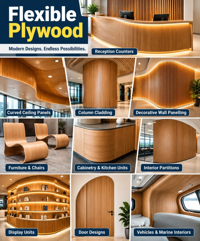 Flexible Plywood Applications Flexible plywood applications in curved furniture, reception counters, ceilings, wall panelling and cabinetry.